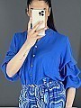 Γυναικείο πουκάμισο μονόχρωμο ασύμμετρο με σουρα στο μανίκι | Μπλε