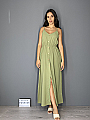 Γυναικείο φόρεμα maxi μονόχρωμο με διακοσμητικά κουμπιά έχει ράντες που αυξομειώνονται και λάστιχο στη μέση | Χακί