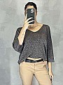 Γυναικεία μπλούζα ψιλό πλεκτό, lurex με κοντό μανίκι τύπου νυχτερίδα και V λαιμόκοψη | Καφέ