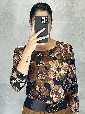 Γυναικεία μπλούζα floral με στρογγυλή λαιμόκοψη | Καφέ