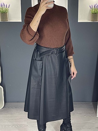 Γυναικεία φούστα δερματίνη τύπου κλος με ζώνη και τσέπες | Μαύρο