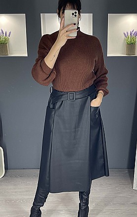 Γυναικεία φούστα δερματίνη τύπου κλος με ζώνη και τσέπες | Μαύρο