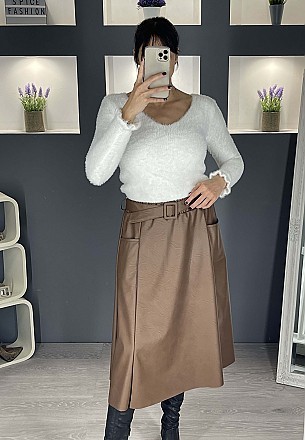Γυναικεία φούστα δερματίνη τύπου κλος με ζώνη και τσέπες | Ταμπά