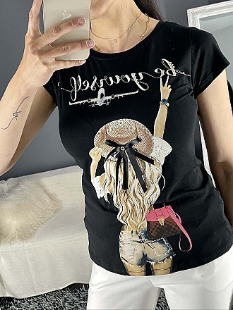 Γυναικεία μπλούζα κοντομάνικη με στρας και στάμπα "BE YOUR SELF" | Μαύρο