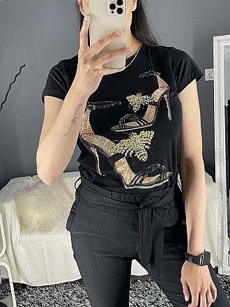Γυναικεία μπλούζα κοντομάνικη με στρας και στάμπα | Μαύρο