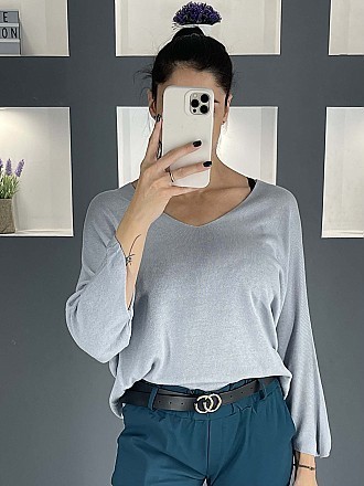 Γυναικεία μπλούζα ψιλό πλεκτό με κοντό μανίκι τύπου νυχτερίδα και Ve λαιμόκοψη | Γκρί