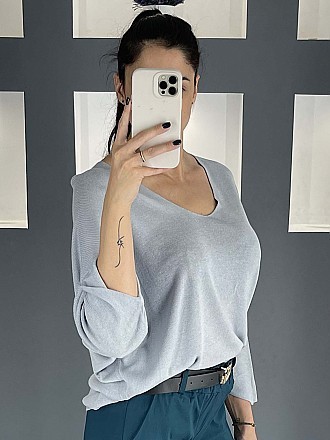 Γυναικεία μπλούζα ψιλό πλεκτό με κοντό μανίκι τύπου νυχτερίδα και Ve λαιμόκοψη | Γκρί