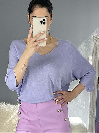 Γυναικεία μπλούζα ψιλό πλεκτό με κοντό μανίκι τύπου νυχτερίδα και Ve λαιμόκοψη | Λιλά
