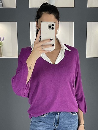 Γυναικεία μπλούζα ψιλό πλεκτό με κοντό μανίκι τύπου νυχτερίδα και Ve λαιμόκοψη | Ματζέντα