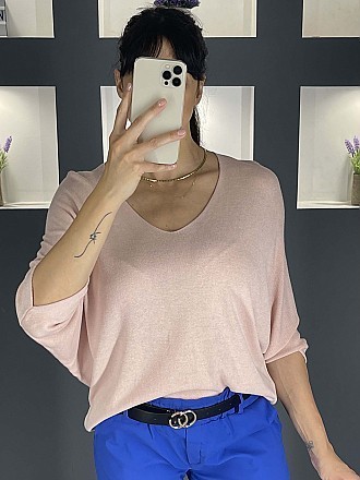 Γυναικεία μπλούζα ψιλό πλεκτό με κοντό μανίκι τύπου νυχτερίδα και Ve λαιμόκοψη | Ροζ