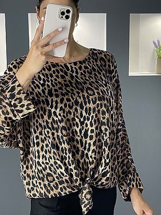 Γυναικεία μπλούζα σε στυλ πουκαμίσας animal print με μακρύ μανίκι |  Μαύρο - Ταμπά