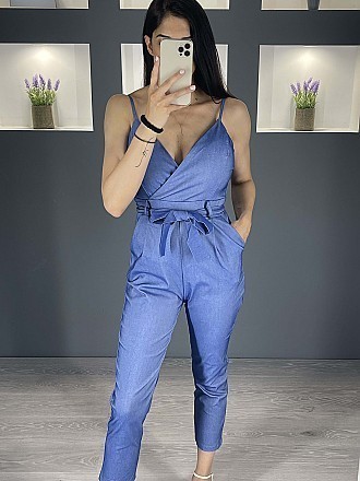 Γυναικεία ολόσωμη φόρμα κρουαζέ με ραντάκι | Blue Jean