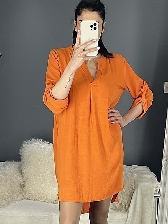 Γυναικεία πουκαμίσα φόρεμα ασύμμετρη πιο μακριά πίσω | Πορτοκαλί