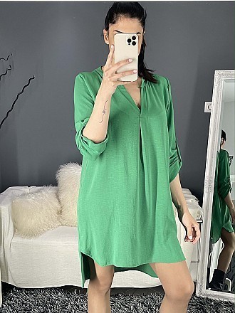Γυναικεία πουκαμίσα φόρεμα ασύμμετρη πιο μακριά πίσω | Πράσινο