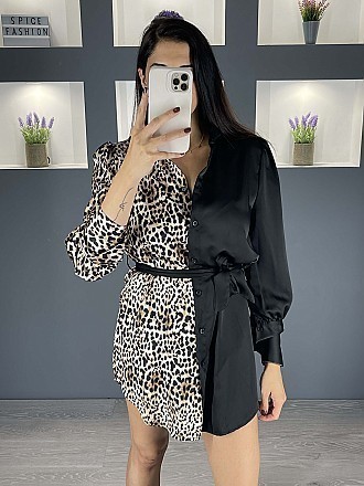 Γυναικεία πουκαμίσα φόρεμα μισό animal print μισό μαύρο με ζωνάκι | Animal Print