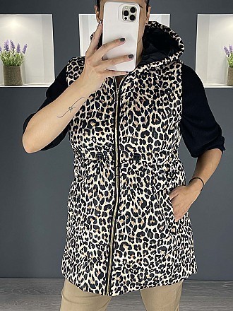 Γυναικείο αμάνικο μπουφάν γιλέκο με κουκούλα animal print | Μπεζ