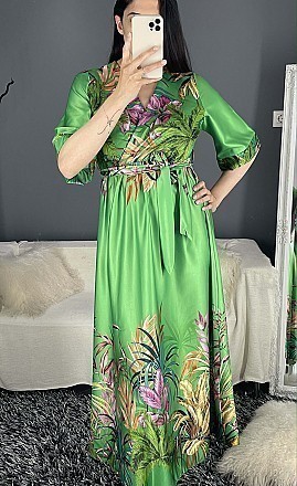 Γυναικείο floral maxi φόρεμα με κοντό μανιίκι τύπου κρουαζέ | Πράσινο