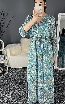 Γυναικείο floral maxi φόρεμα με μακρύ μανιίκι τύπου κρουαζέ | Γαλάζιο