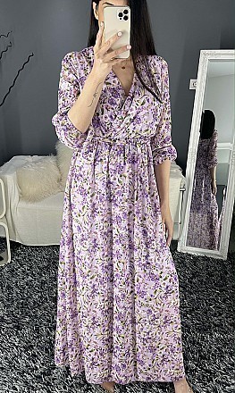 Γυναικείο floral maxi φόρεμα με μακρύ μανιίκι τύπου κρουαζέ | Λιλά