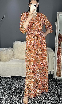 Γυναικείο floral maxi φόρεμα με μακρύ μανιίκι τύπου κρουαζέ | Πορτοκαλί