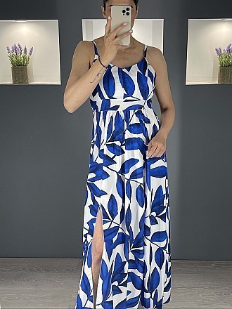 Γυναικείο floral maxi φόρεμα με ραντάκι | Μπλε
