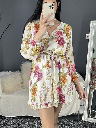 Γυναικείο floral mini φόρεμα με μακρύ μανιίκι τύπου κρουαζέ | Λευκό