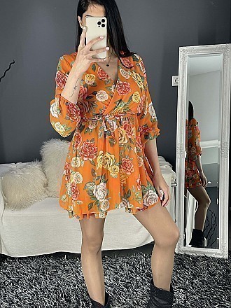 Γυναικείο floral mini φόρεμα με μακρύ μανιίκι τύπου κρουαζέ | Πορτοκαλί