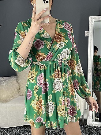 Γυναικείο floral mini φόρεμα με μακρύ μανιίκι τύπου κρουαζέ | Πράσινο