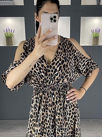 Γυναικείο φόρεμα maxi animal print με σκισίματα μπροστά τύπου κρουαζέ | Animal Print