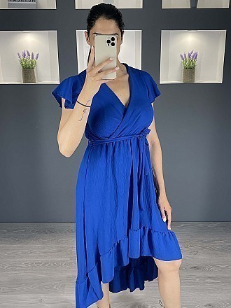 Γυναικείο φόρεμα maxi ασύμμετρο μονόχρωμο κρουαζε με βολάν | Μπλε