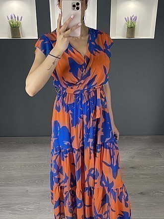 Γυναικείο φόρεμα maxi εμπριμέ κρουαζε με βολάν | Μπλε - Πορτοκαλί