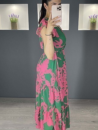 Γυναικείο φόρεμα maxi εμπριμέ κρουαζε με βολάν | Πράσινιο - Φούξια
