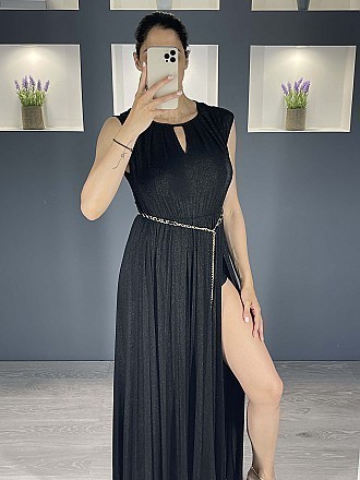 Γυναικείο φόρεμα maxi lurex με σκισίματα μπροστά και σορτς εσωτερικά πλισέ | Μαύρο