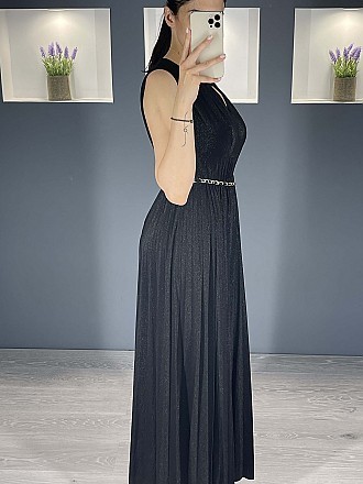 Γυναικείο φόρεμα maxi lurex με σκισίματα μπροστά και σορτς εσωτερικά πλισέ | Μαύρο