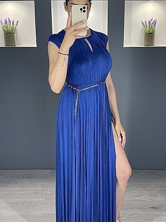 Γυναικείο φόρεμα maxi lurex με σκισίματα μπροστά και σορτς εσωτερικά πλισέ | Μπλε Ρουά