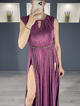 Γυναικείο φόρεμα maxi lurex με σκισίματα μπροστά και σορτς εσωτερικά πλισέ | Μωβ