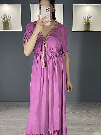 Γυναικείο φόρεμα maxi με Ve λαιμοκοψη και  βολάν στο τελείωμα | Λιλά