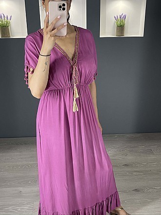 Γυναικείο φόρεμα maxi με Ve λαιμοκοψη και  βολάν στο τελείωμα | Λιλά