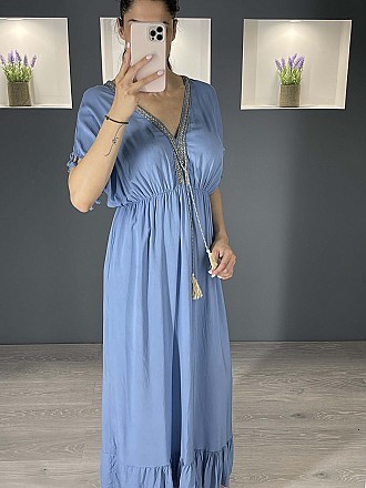 Γυναικείο φόρεμα maxi με Ve λαιμοκοψη και  βολάν στο τελείωμα | Μπλε ραφ