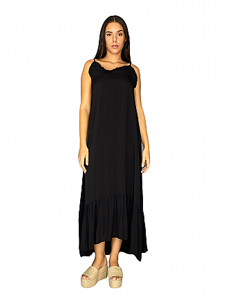 Γυναικείο φόρεμα maxi μονόχρωμο ασύμετρο με βολάν | Μαύρο