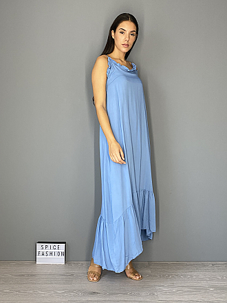 Γυναικείο φόρεμα maxi μονόχρωμο ασύμετρο με βολάν | Ραφ