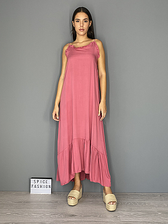 Γυναικείο φόρεμα maxi μονόχρωμο ασύμετρο με βολάν | Σάπιο μήλο