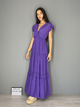 Γυναικείο φόρεμα maxi μονόχρωμο oversize κρουαζε με βολάν | Μωβ