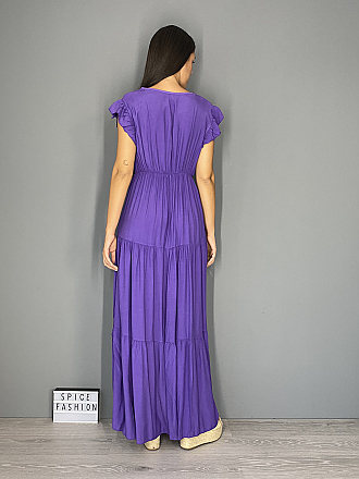 Γυναικείο φόρεμα maxi μονόχρωμο oversize κρουαζε με βολάν | Μωβ