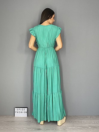 Γυναικείο φόρεμα maxi μονόχρωμο oversize κρουαζε με βολάν | Πράσινο
