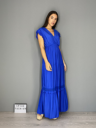 Γυναικείο φόρεμα maxi μονόχρωμο oversize κρουαζε με βολάν | Ρουά