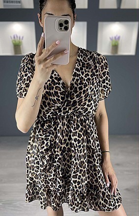 Γυναικείο φόρεμα mini animal print με βολάν τύπου κρουαζέ | Animal Print