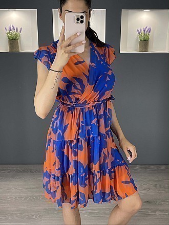 Γυναικείο φόρεμα mini εμπριμέ κρουαζε με βολάν | Μπλέ - Πορτοκαλί