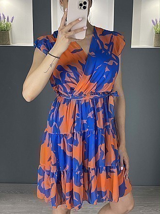 Γυναικείο φόρεμα mini εμπριμέ κρουαζε με βολάν | Μπλέ - Πορτοκαλί