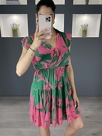Γυναικείο φόρεμα mini εμπριμέ κρουαζε με βολάν | Πράσινο - Φούξια
